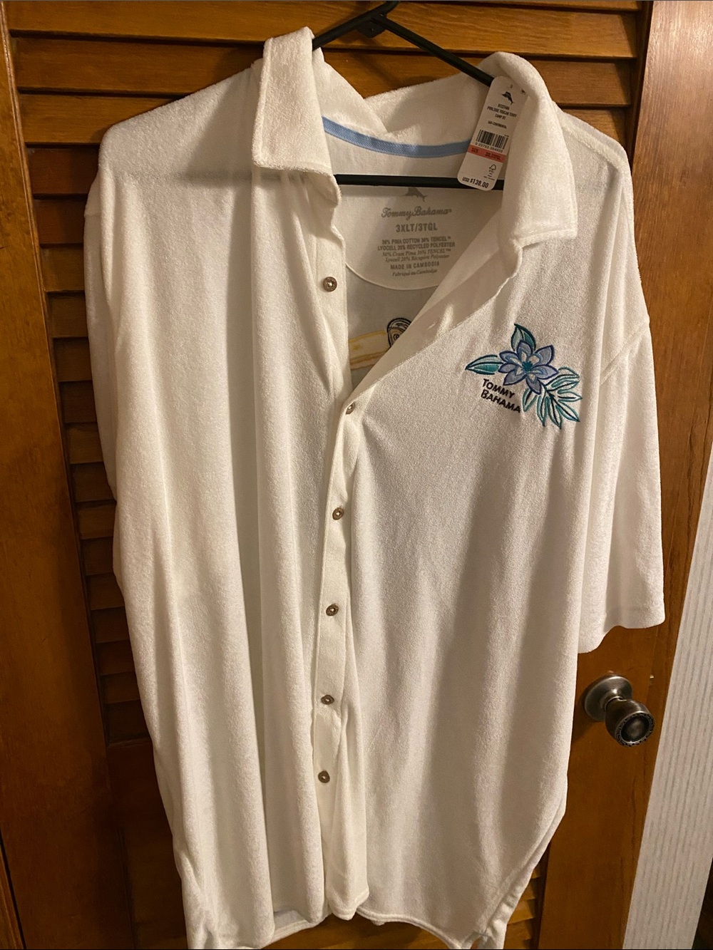 Tommy Bahama White Short-Sleeve Button Shirt with Teal & Blue Floral Embroidery